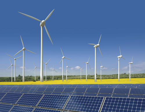 Photo of windmills and solar panels.