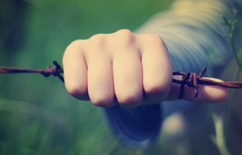 Hand holding onto barbwire