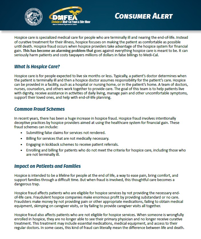 Hospice Fraud Consumer Alert (English Version) Cover